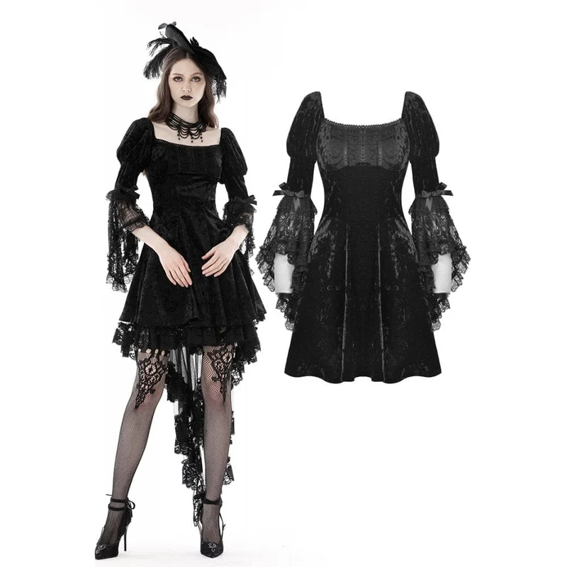 Damen-Gothic-Kleid aus Samt mit Spitzenärmeln
