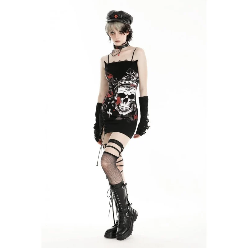 Gothic-Hexen-Slipkleid mit Totenkopf-Print für Damen