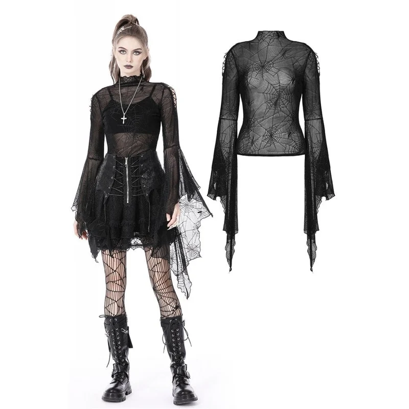 Gothic Flared Sleeved Spider Web Sheer Shirt für Damen