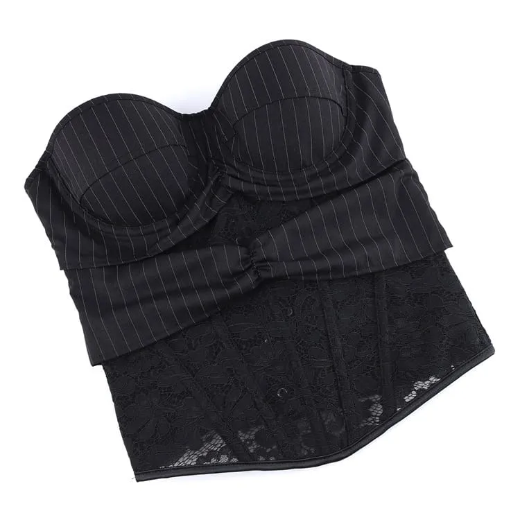 Gothic-Schnürkorsett für Damen mit Nadelstreifen, Blumenmuster und Spitze über der Brust
