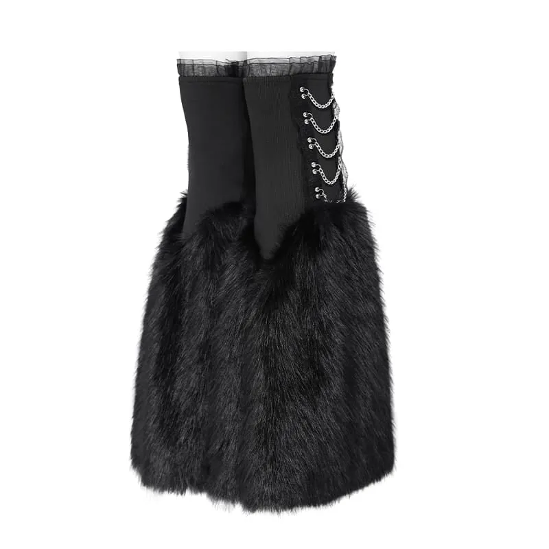 Schwarze Gothic-Beinstulpen mit Plüschketten für Damen