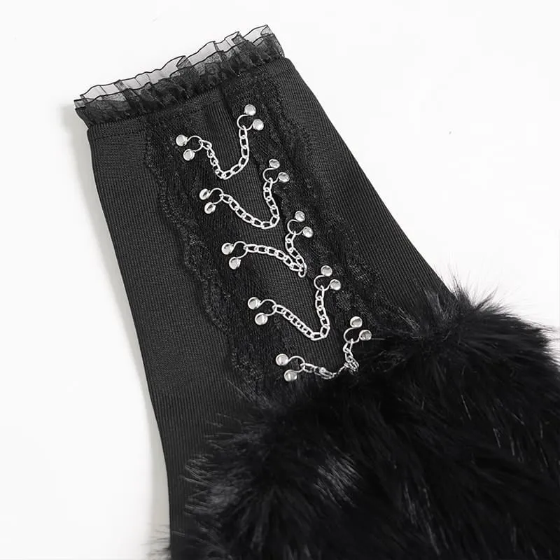 Schwarze Gothic-Beinstulpen mit Plüschketten für Damen