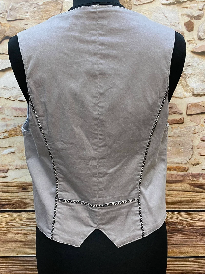 Vintage Damen Weste Trachtenstil Grau mit Posamenten – Größe 38