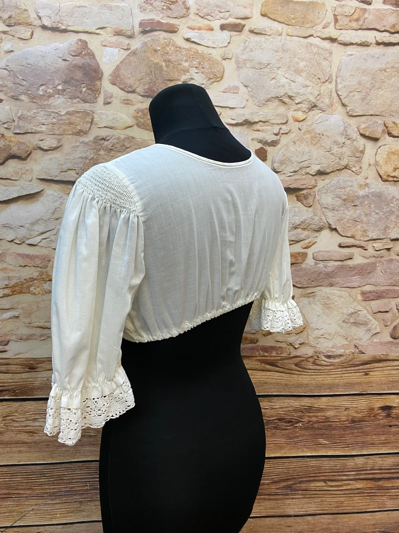 Vintage Dirndlbluse weiß Spitze Smokarbeit Baumwolle Gr. 38