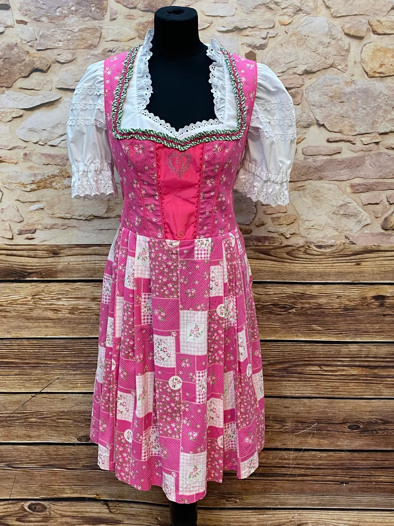 Vintage Dirndl Set Pink-Grün Gr. 42 – Bluse & Schürze
