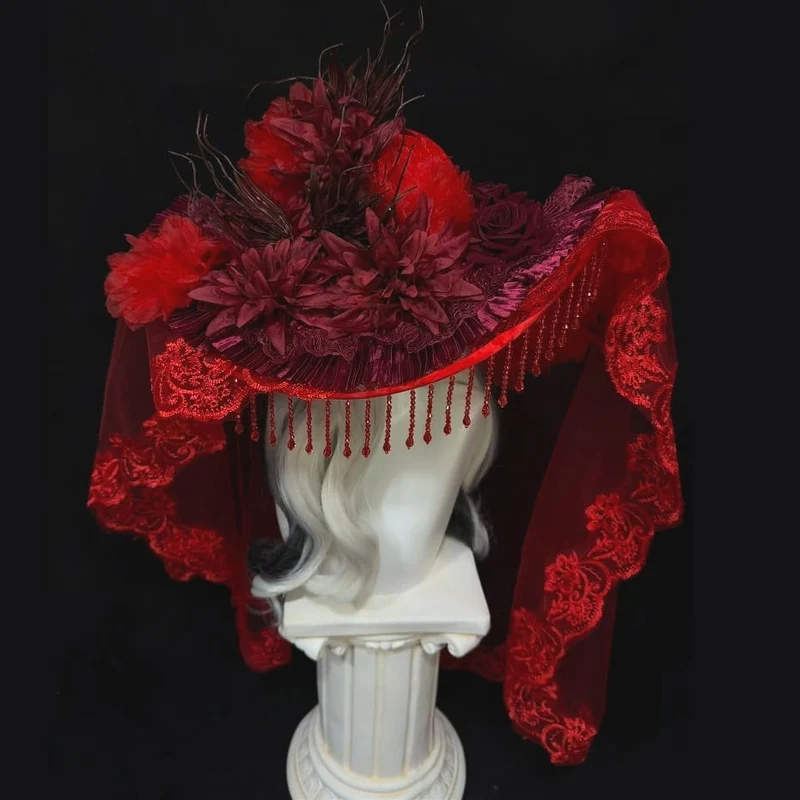 Gothic-Hut für Damen mit Blumenmuster, Perlen, Quasten, breiter Krempe und Schleier