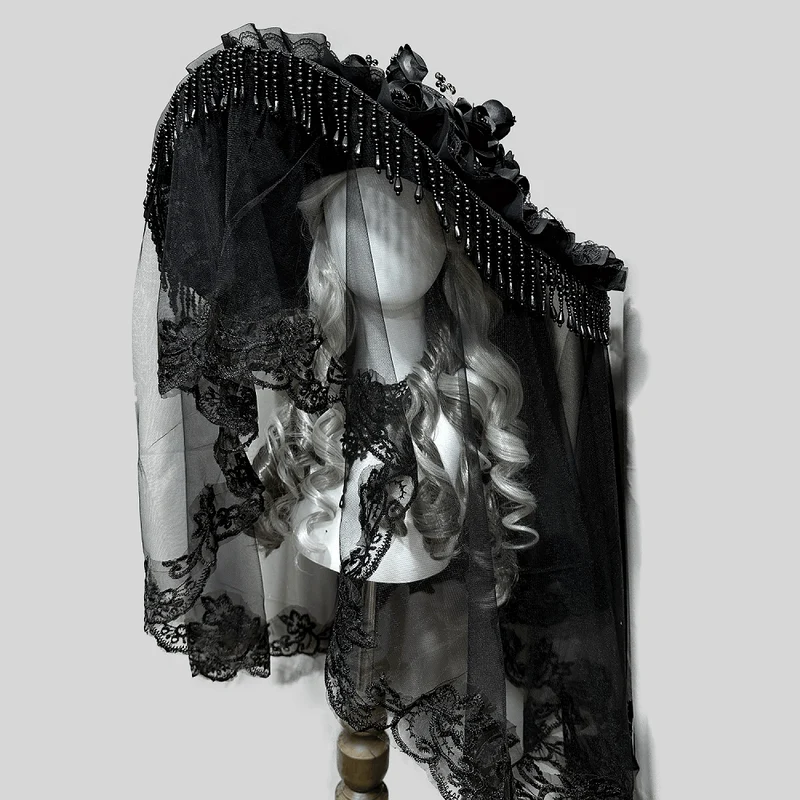 Gothic-Hut für Damen mit Blumenmuster, breiter Krempe und Schleier