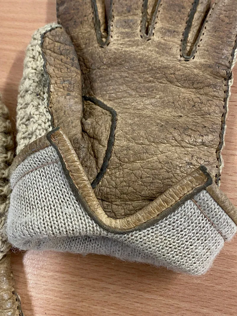 Vintage Lederhandschuhe mit Strickrücken Braun Beige
