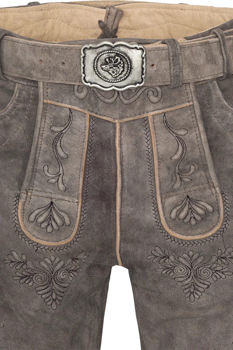 Herren Lederhose kurz mit Stickereien und Gürtel - stonegrey schwarz