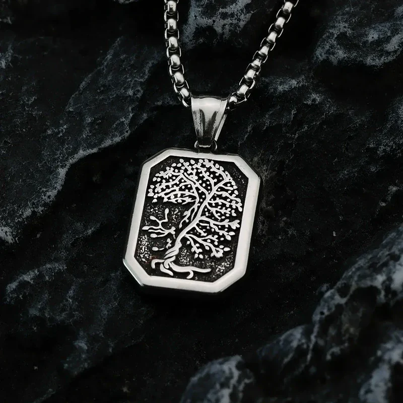 Punk-Halskette für Herren mit nordischem Yggdrasil-Motiv und achteckigem Anhänger