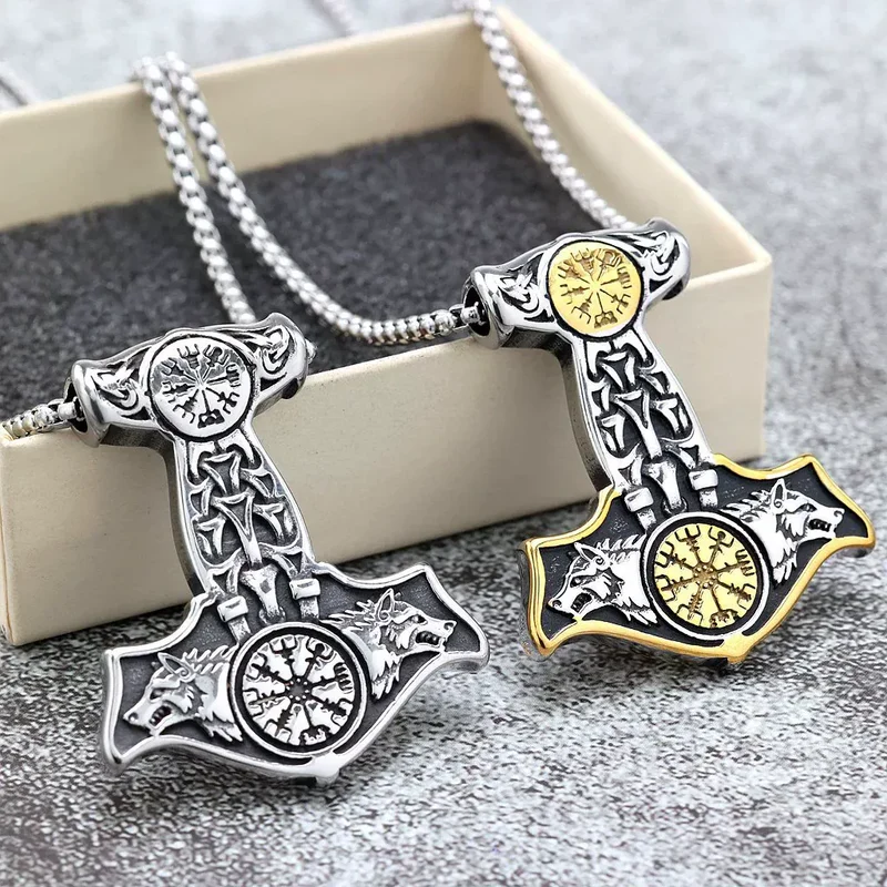 Punk-Wikinger-Wolfskopf-Mjölnir-Halskette für Herren