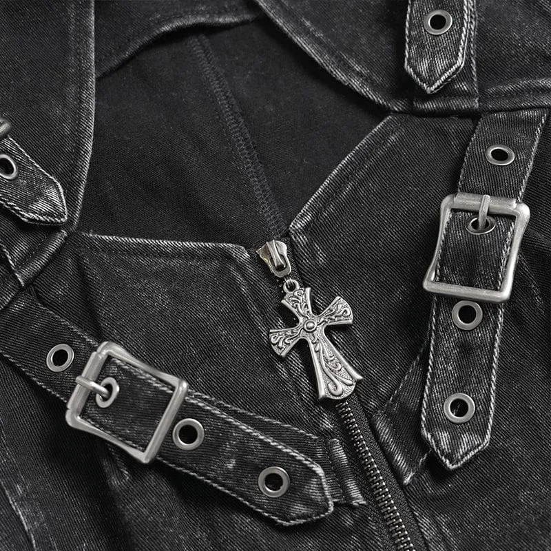 Punk-Weste für Damen mit Schnallenriemen, Reißverschluss und Cut-outs