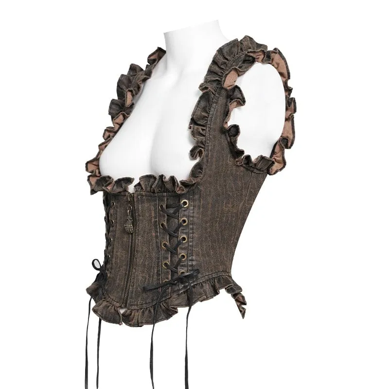 Steampunk-Weste für Damen mit Schnürung, Reißverschluss und Schwalbenschwanz-Design, Bronze