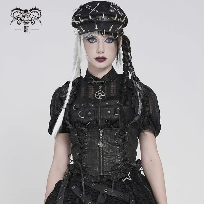Schwarze Gothic-Weste für Damen mit Schnürung, Reißverschluss und Schwalbenschwanz-Detail