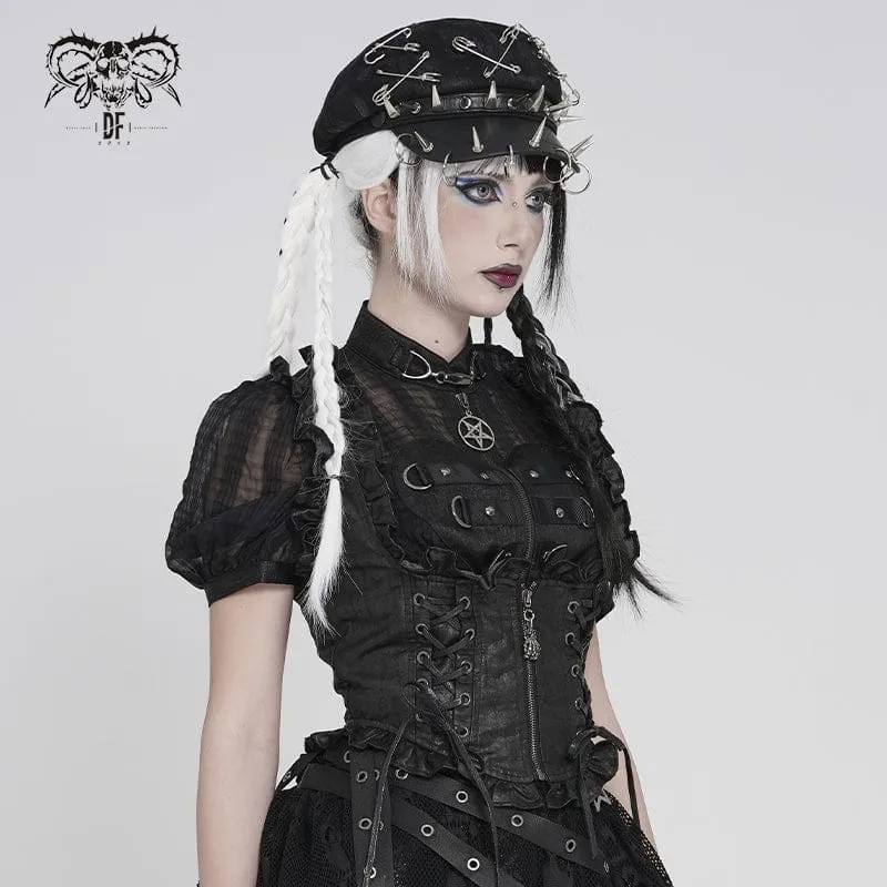 Schwarze Gothic-Weste für Damen mit Schnürung, Reißverschluss und Schwalbenschwanz-Detail
