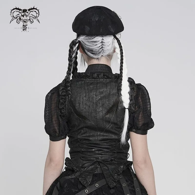 Schwarze Gothic-Weste für Damen mit Schnürung, Reißverschluss und Schwalbenschwanz-Detail