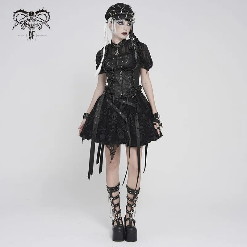 Schwarze Gothic-Weste für Damen mit Schnürung, Reißverschluss und Schwalbenschwanz-Detail