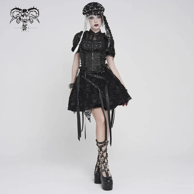 Schwarze Gothic-Weste für Damen mit Schnürung, Reißverschluss und Schwalbenschwanz-Detail