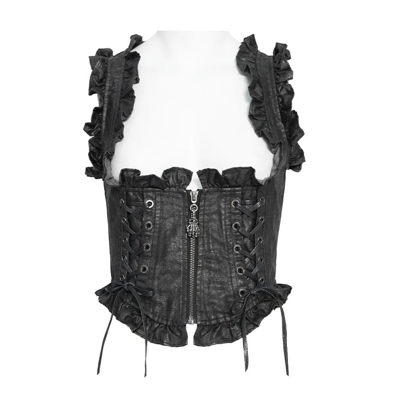 Schwarze Gothic-Weste für Damen mit Schnürung, Reißverschluss und Schwalbenschwanz-Detail
