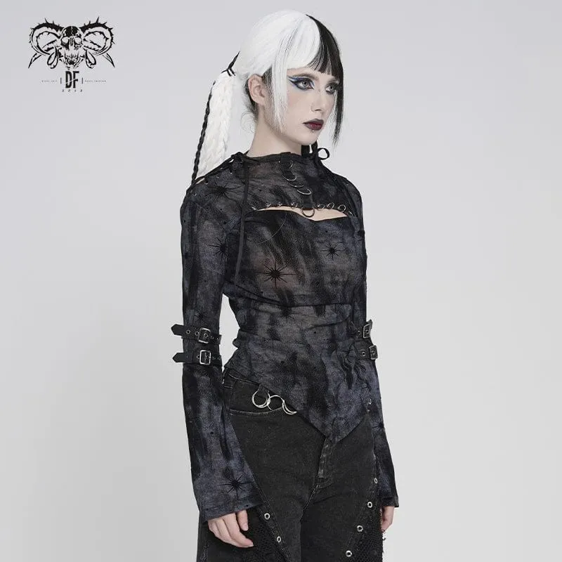 Punk-Damenhemd mit asymmetrischem Ausschnitt und Print, langärmlig