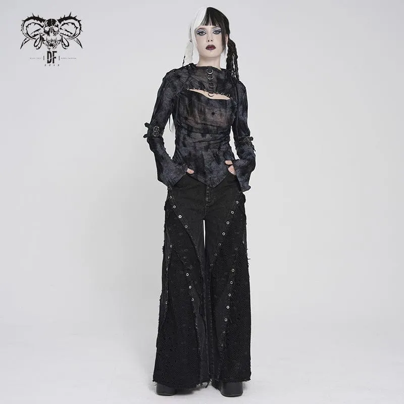 Punk-Damenhemd mit asymmetrischem Ausschnitt und Print, langärmlig