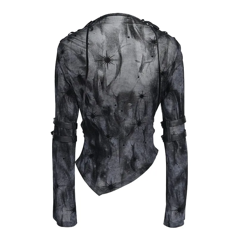 Punk-Damenhemd mit asymmetrischem Ausschnitt und Print, langärmlig