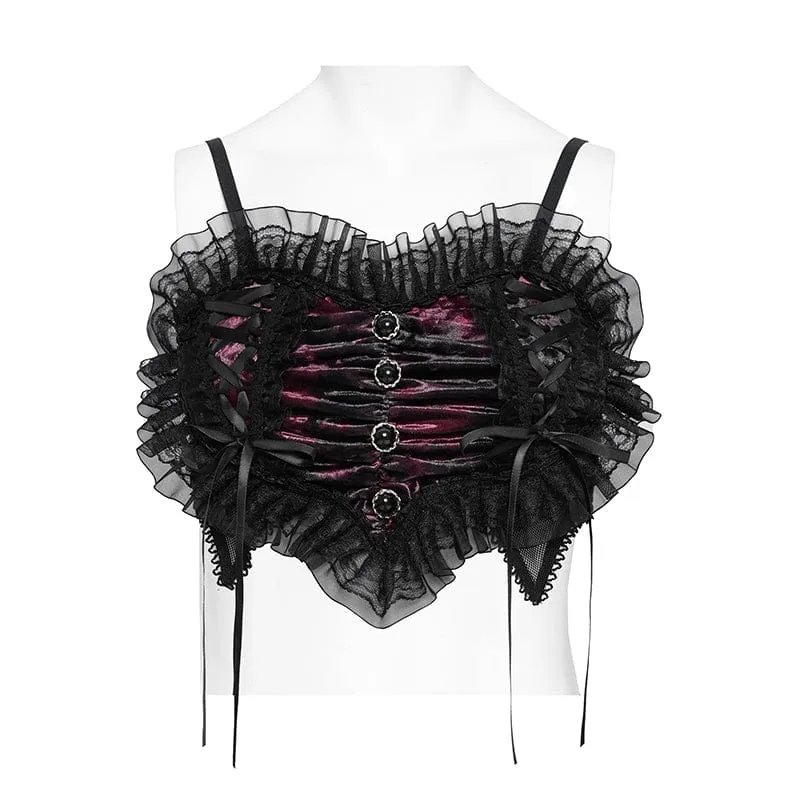 Gothic-Spitzenbustier für Damen, gerafft und mit Rüschen, schwarz-rot