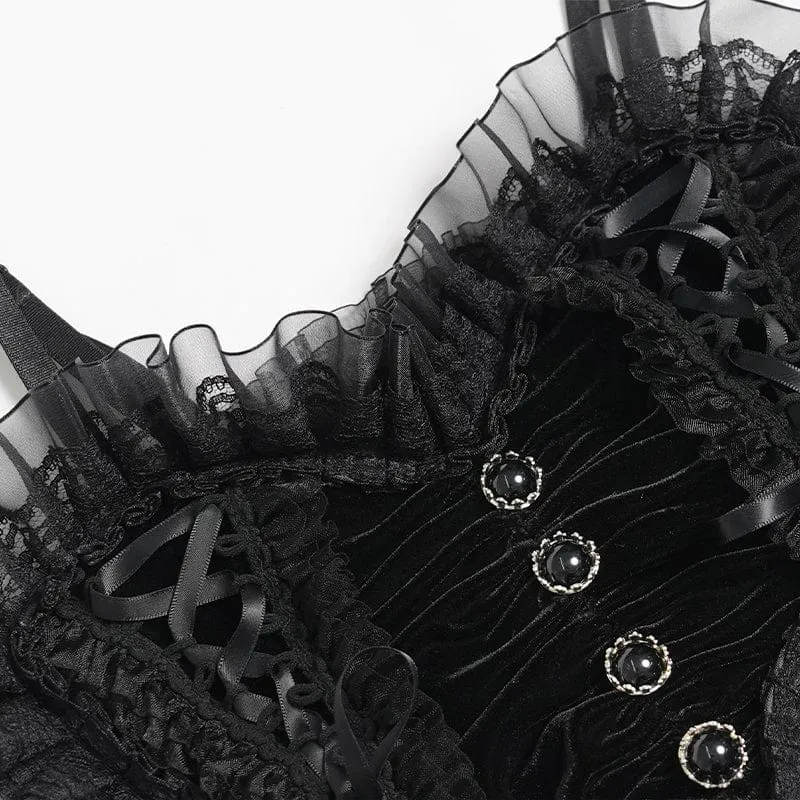 Schwarzes, gotisches Spitzenbustier mit Rüschen und Raffungen für Damen