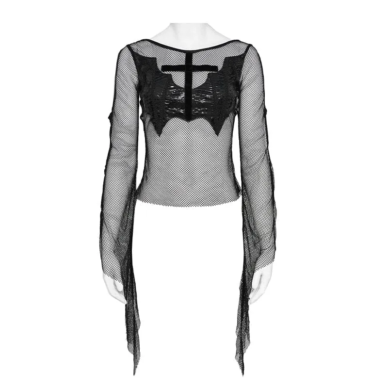Punk-Fledermaus-Kreuz-Mesh-Top für Damen