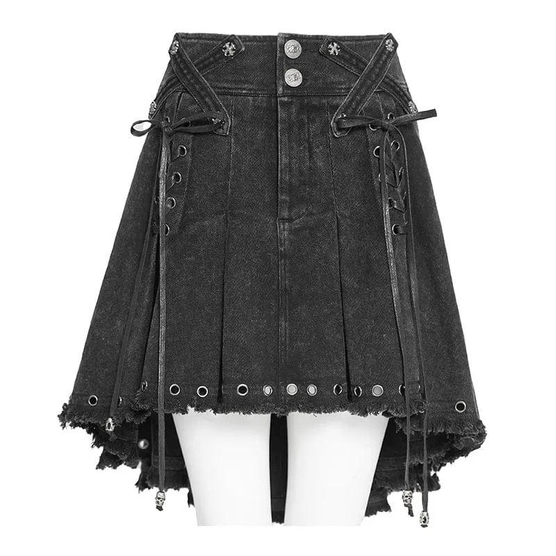 Punk-Rock für Damen mit gekreuzten Ösen, asymmetrischem Saum und Falten