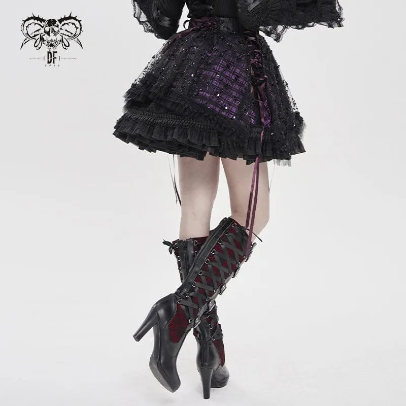 Gothic-Lagenrock mit Schnürung und Karomuster für Damen, schwarz-lila