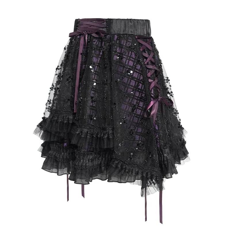 Gothic-Lagenrock mit Schnürung und Karomuster für Damen, schwarz-lila