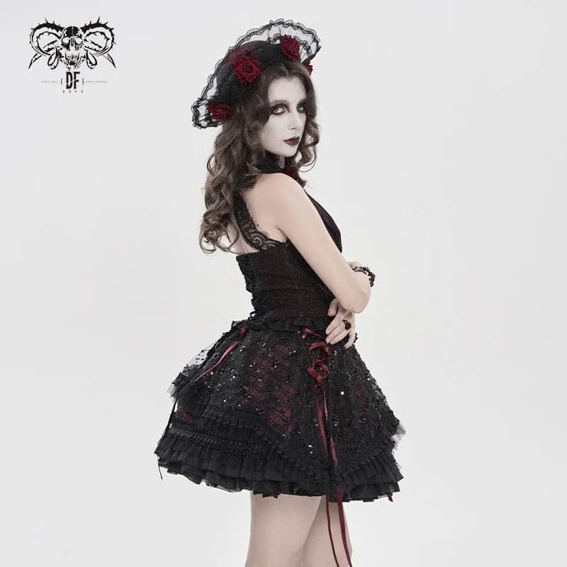Gothic-Lagenrock mit Schnürung und Karomuster für Damen, schwarz-rot