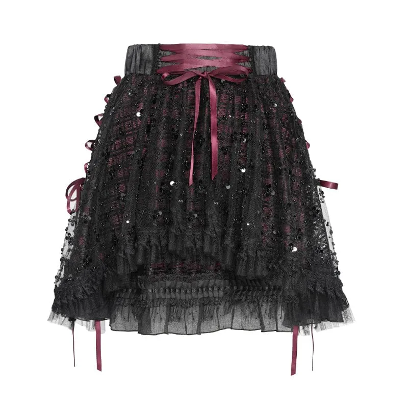 Gothic-Lagenrock mit Schnürung und Karomuster für Damen, schwarz-rot