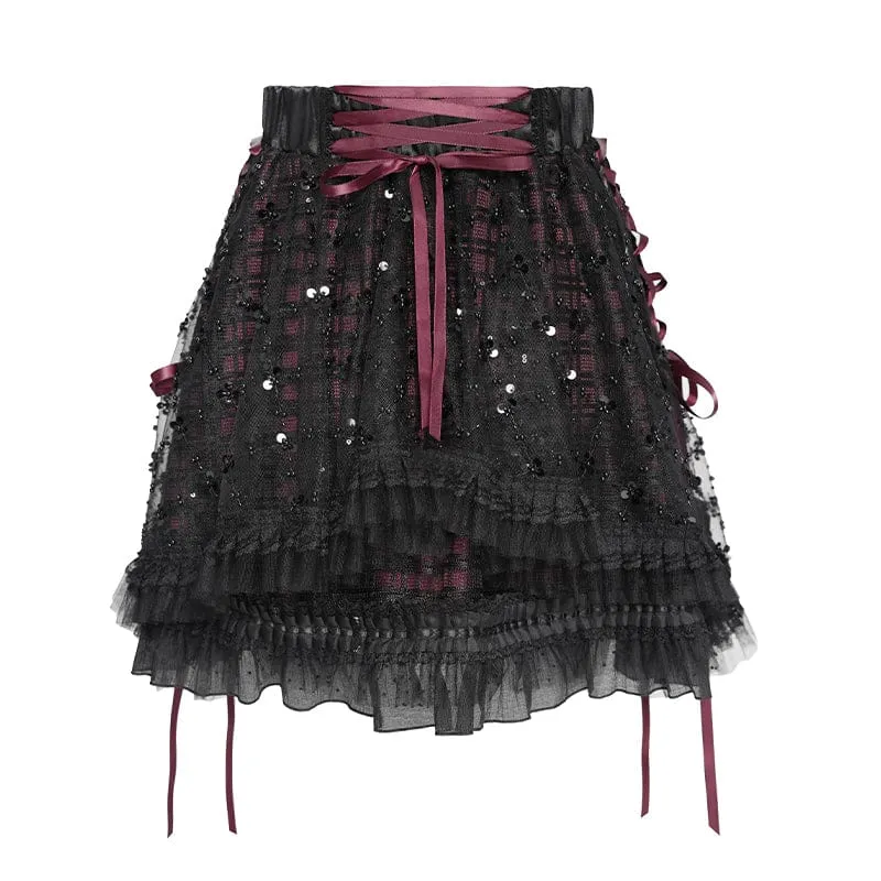 Gothic-Lagenrock mit Schnürung und Karomuster für Damen, schwarz-rot