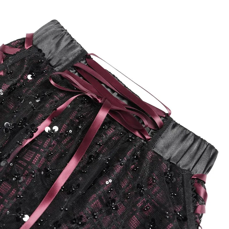 Gothic-Lagenrock mit Schnürung und Karomuster für Damen, schwarz-rot