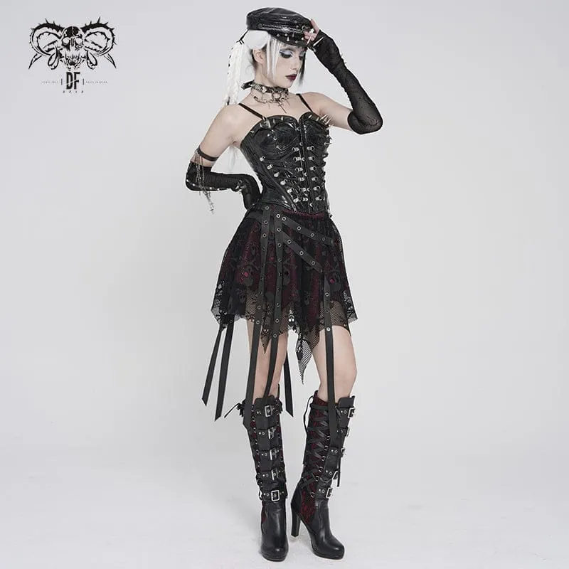 Punk-Rock für Damen mit unregelmäßigen Totenkopf-Ösen-Trägern, Netzstoff, Schwarz-Rot