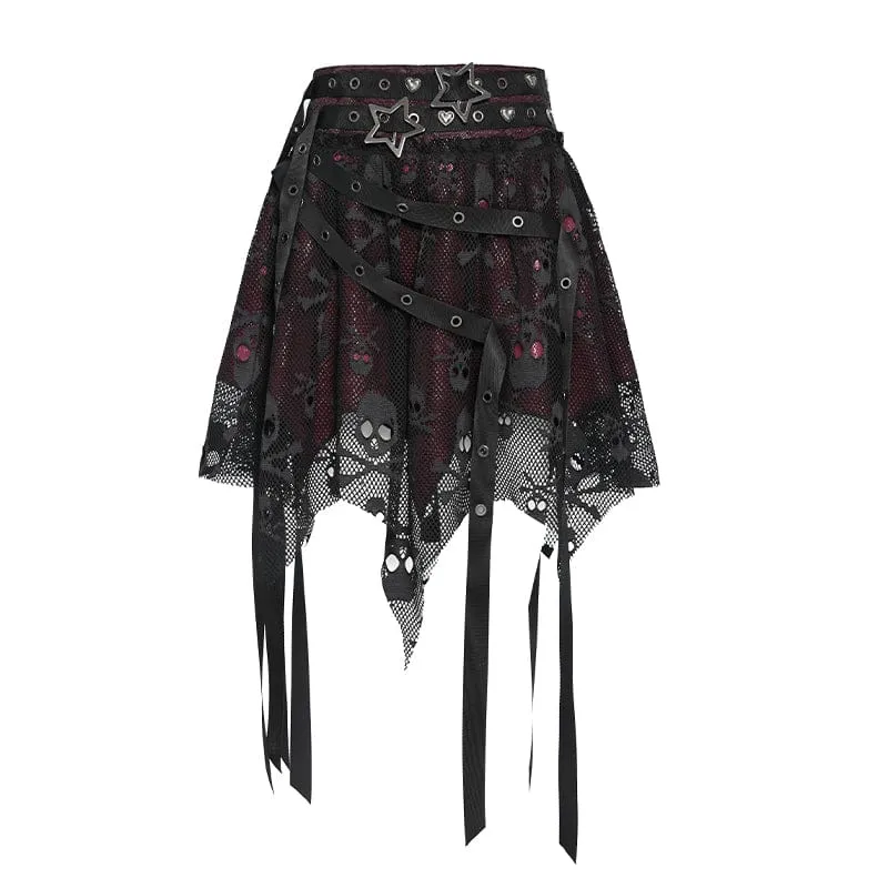 Punk-Rock für Damen mit unregelmäßigen Totenkopf-Ösen-Trägern, Netzstoff, Schwarz-Rot
