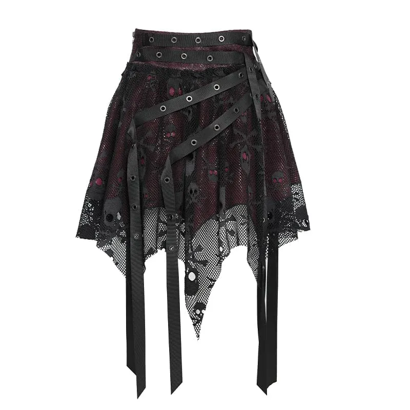 Punk-Rock für Damen mit unregelmäßigen Totenkopf-Ösen-Trägern, Netzstoff, Schwarz-Rot