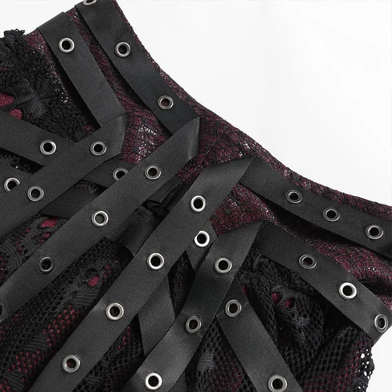 Punk-Rock für Damen mit unregelmäßigen Totenkopf-Ösen-Trägern, Netzstoff, Schwarz-Rot
