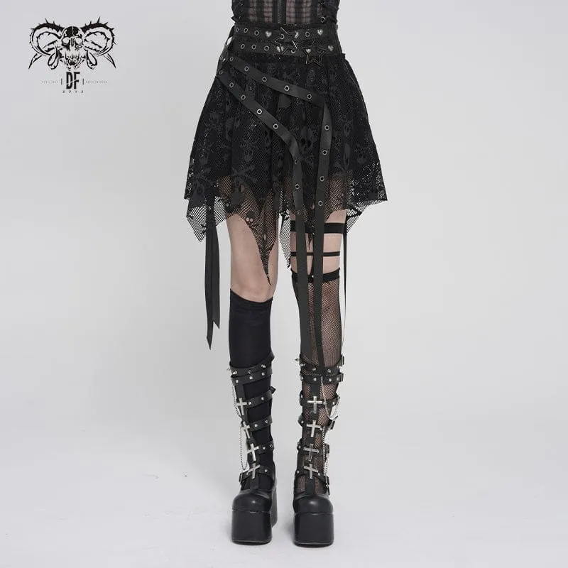 Punk-Rock für Damen mit unregelmäßigen Totenkopf-Ösen-Trägern, schwarz