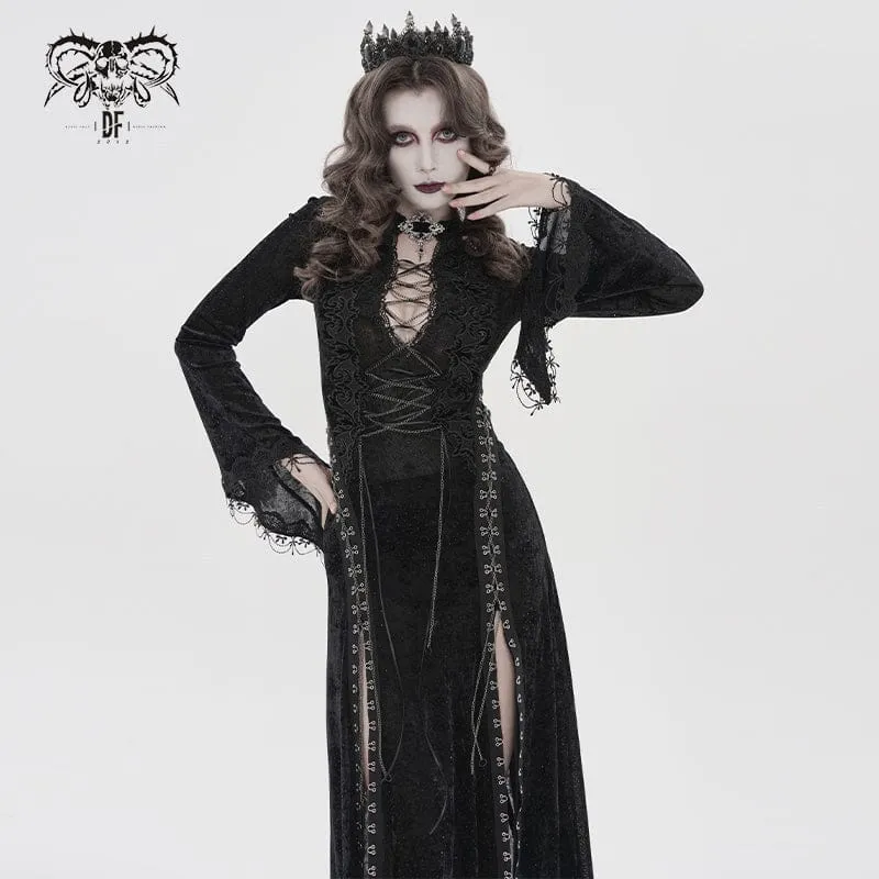 Gothic-Maxikleid mit Ketten, tiefem Ausschnitt und Schlitz für Damen – Hochzeitskleid
