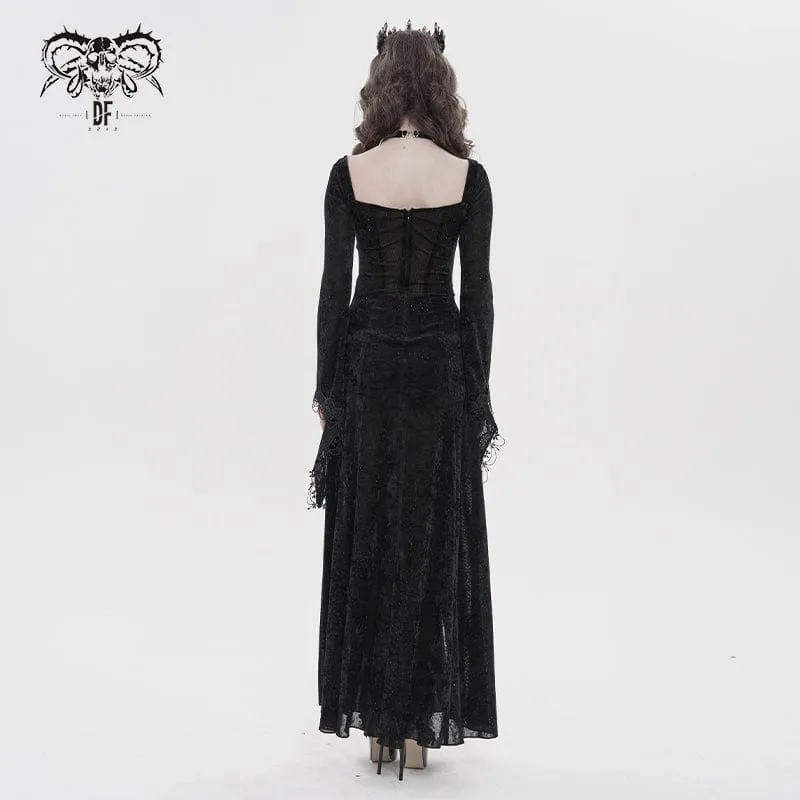 Gothic-Maxikleid mit Ketten, tiefem Ausschnitt und Schlitz für Damen – Hochzeitskleid