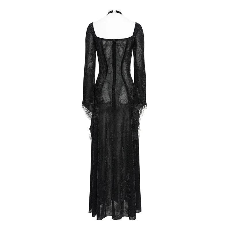 Gothic-Maxikleid mit Ketten, tiefem Ausschnitt und Schlitz für Damen – Hochzeitskleid