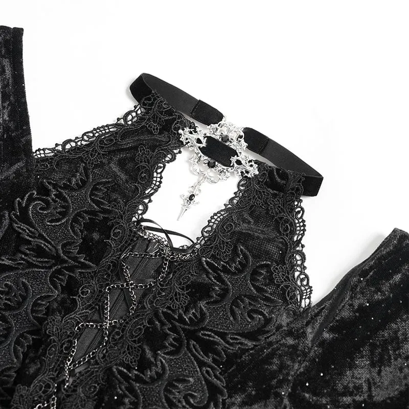 Gothic-Maxikleid mit Ketten, tiefem Ausschnitt und Schlitz für Damen – Hochzeitskleid