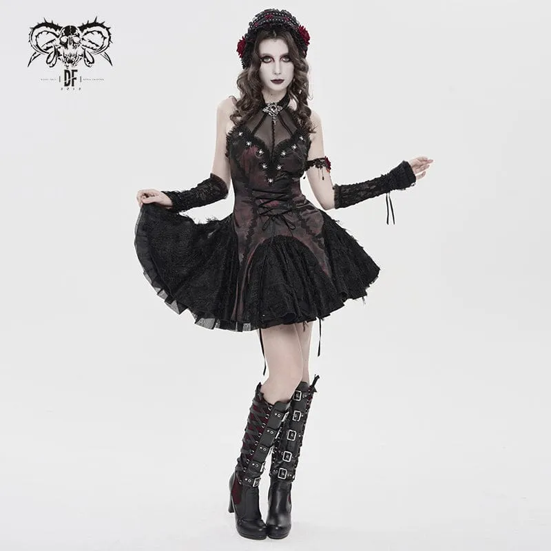 Gothic-Kleid für Damen mit Fledermaus- und Spinnenmotiv, Schnürung und Neckholder, Schwarz-Rot