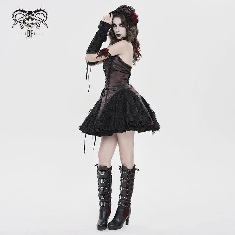 Gothic-Kleid für Damen mit Fledermaus- und Spinnenmotiv, Schnürung und Neckholder, Schwarz-Rot