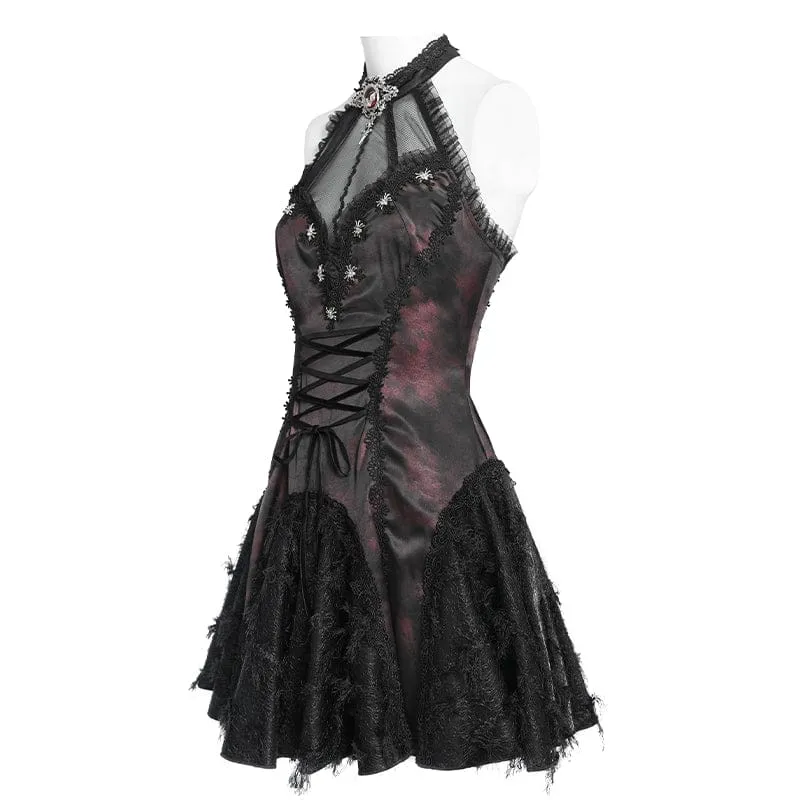 Gothic-Kleid für Damen mit Fledermaus- und Spinnenmotiv, Schnürung und Neckholder, Schwarz-Rot
