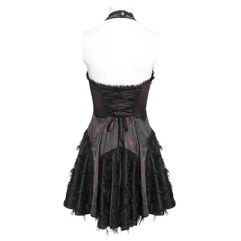 Gothic-Kleid für Damen mit Fledermaus- und Spinnenmotiv, Schnürung und Neckholder, Schwarz-Rot