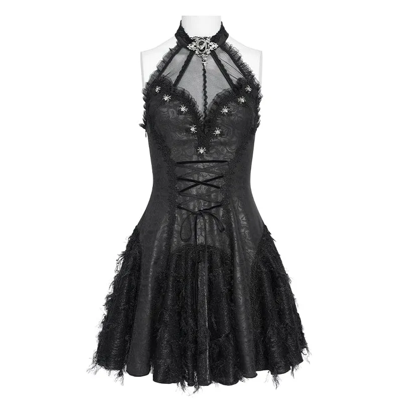 Schwarzes Gothic-Kleid für Damen mit Fledermaus- und Spinnenmuster, Schnürung und Neckholder
